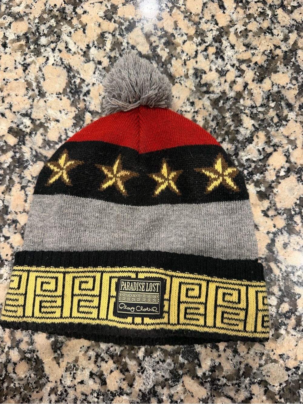 Paradise Lost Men's Pom Beanie - Red, Gray & Black